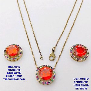 CONJUNTO NO BRUTO PRONTO PARA O BANHO(POTE) CONJUNTO COM CORRENTE VENEZIANA DE 45CM / BRINCO E PINGENTE COM BASE EM ALTA FUSÃO( "ZIRCONIA GS001 ")" 10X10MM" / PESO 9GR - BRU29103