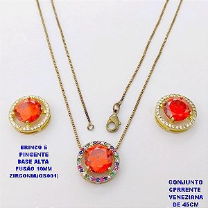 CONJUNTO NO BRUTO PRONTO PARA O BANHO(POTE) CONJUNTO COM CORRENTE VENEZIANA DE 45CM / BRINCO E PINGENTE COM BASE EM ALTA FUSÃO( "ZIRCONIA GS001 ")" 10X10MM" / PESO 9GR - BRU29104