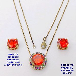 CONJUNTO NO BRUTO PRONTO PARA O BANHO(POTE) CONJUNTO COM CORRENTE VENEZIANA DE 45CM / BRINCO E PINGENTE COM BASE EM ALTA FUSÃO( "ZIRCONIA GS001 ")" 10X10MM" / PESO 9GR - BRU29105
