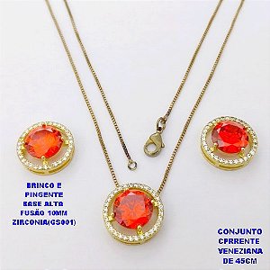 CONJUNTO NO BRUTO PRONTO PARA O BANHO(POTE) CONJUNTO COM CORRENTE VENEZIANA DE 45CM / BRINCO E PINGENTE COM BASE EM ALTA FUSÃO( "ZIRCONIA GS001 ")" 10X10MM" / PESO 9GR - BRU29106