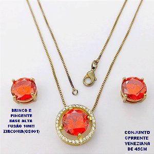 CONJUNTO NO BRUTO PRONTO PARA O BANHO(POTE) CONJUNTO COM CORRENTE VENEZIANA DE 45CM / BRINCO E PINGENTE COM BASE EM ALTA FUSÃO( "ZIRCONIA GS001 ")" 10X10MM" / PESO 9GR - BRU29107
