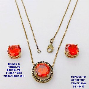 CONJUNTO NO BRUTO PRONTO PARA O BANHO(POTE) CONJUNTO COM CORRENTE VENEZIANA DE 45CM / BRINCO E PINGENTE COM BASE EM ALTA FUSÃO( "ZIRCONIA GS001 ")" 10X10MM" / PESO 9GR - BRU29109