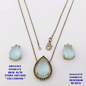 CONJUNTO NO BRUTO PRONTO PARA O BANHO(POTE) CONJUNTO COM CORRENTE VENEZIANA DE 45CM / BRINCO E PINGENTE COM BASE EM ALTA FUSÃO( " PEDRA DE CALCEDONIA ")" 10X14MM" / PESO 7.2GR - BRU29112
