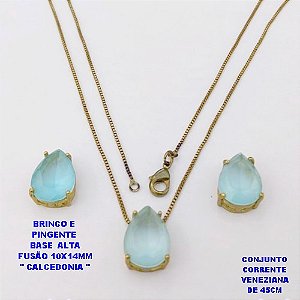 CONJUNTO NO BRUTO PRONTO PARA O BANHO(POTE) CONJUNTO COM CORRENTE VENEZIANA DE 45CM / BRINCO E PINGENTE COM BASE EM ALTA FUSÃO( " PEDRA DE CALCEDONIA ")" 10X14MM" / PESO 7.2GR - BRU29114