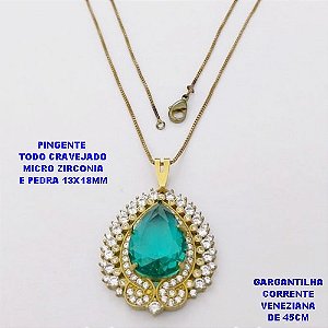GARGANTILHA NO BRUTO PRONTO PARA O BANHO (CX.137) -CORRENTE VENEZIANA DE 45CM E PINGENTE TODO CRAVEJADO COM PEDRA 13X18MM - PESO TOTAL 8.9GR - BRU29131