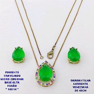 CONJUNTO NO BRUTO PRONTO PARA O BANHO(POTE) CONJUNTO COM CORRENTE VENEZIANA DE 45CM - PINGENTE EM ALTA FUSÃO CRAVEJADO E (" PEDRA 10X14MM ")- PESO 6.2GR - BRU29147