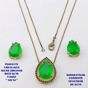 CONJUNTO NO BRUTO PRONTO PARA O BANHO(POTE) CONJUNTO COM CORRENTE VENEZIANA DE 45CM - PINGENTE EM ALTA FUSÃO CRAVEJADO E (" PEDRA 10X14MM ")- PESO 6.2GR - BRU29148