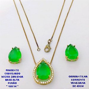 CONJUNTO NO BRUTO PRONTO PARA O BANHO(POTE) CONJUNTO COM CORRENTE VENEZIANA DE 45CM - PINGENTE EM ALTA FUSÃO CRAVEJADO E (" PEDRA 10X14MM ")- PESO 6.2GR - BRU29149
