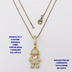 GARGANTILHA NO BRUTO PRONTO PARA O BANHO(CX118) GARGANTILHA COM CORRENTE VENEZIANA DE 45CM - PINGENTE E CONTRA ARGOLA EM ALTA FUSÃO TODO CRAVEJADO -TAMANHO 20MM(2CM))- PESO 3.9GR - BRU29151