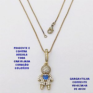 GARGANTILHA NO BRUTO PRONTO PARA O BANHO(CX118) GARGANTILHA COM CORRENTE VENEZIANA DE 45CM - PINGENTE E CONTRA ARGOLA EM ALTA FUSÃO TODO CRAVEJADO -TAMANHO 20MM(2CM))- PESO 3.9GR - BRU29153