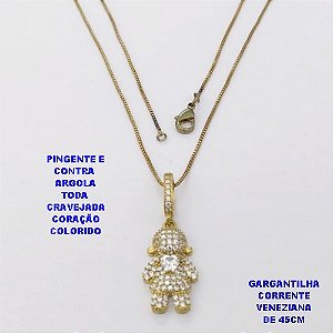 GARGANTILHA NO BRUTO PRONTO PARA O BANHO(CX118) GARGANTILHA COM CORRENTE VENEZIANA DE 45CM - PINGENTE E CONTRA ARGOLA EM ALTA FUSÃO TODO CRAVEJADO -TAMANHO 20MM(2CM))- PESO 3.9GR - BRU29154