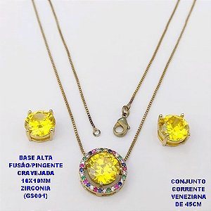 CONJUNTO NO BRUTO PRONTO PARA O BANHO(POTE) CONJUNTO COM CORRENTE VENEZIANA DE 45CM / BRINCO E PINGENTE COM BASE EM ALTA FUSÃO( "ZIRCONIA GS001 ")" 10X10MM" / PESO 9GR - BRU29183
