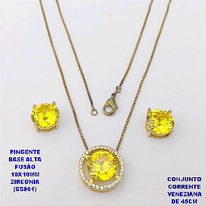 CONJUNTO NO BRUTO PRONTO PARA O BANHO(POTE) CONJUNTO COM CORRENTE VENEZIANA DE 45CM / BRINCO E PINGENTE COM BASE EM ALTA FUSÃO( "ZIRCONIA GS001 ")" 10X10MM" / PESO 9GR - BRU29184