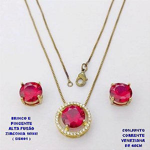 CONJUNTO NO BRUTO PRONTO PARA O BANHO(POTE)- CONJUNTO COM CORRENTE VENEZIANA DE 45CM PINGENTE E BRINCO ALTA FUSÃO (ZIRCONIA 10X10MM (GS001) PESO TOTAL 7.5GR - BRU29223