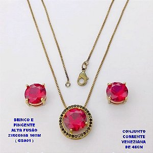 CONJUNTO NO BRUTO PRONTO PARA O BANHO(POTE)- CONJUNTO COM CORRENTE VENEZIANA DE 45CM PINGENTE E BRINCO ALTA FUSÃO (ZIRCONIA 10X10MM (GS001) PESO TOTAL 7.5GR - BRU29224