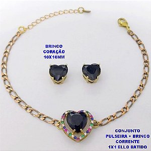 CONJUNTO NO BRUTO PRONTO PARA O BANHO() PULSEIRA 1X1 ELLO BATIDO LARGURA 3MM + BRINCO CORAÇÃO - CONECTOR COM CONECTOR EM ALTA FUSÃO CRAVEJADA ( "ZIRCONIA " 10X10MM" / PESO 6.8GR - BRU29240