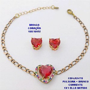 CONJUNTO NO BRUTO PRONTO PARA O BANHO() PULSEIRA 1X1 ELLO BATIDO LARGURA 3MM + BRINCO CORAÇÃO - CONECTOR COM CONECTOR EM ALTA FUSÃO CRAVEJADA ( "ZIRCONIA " 10X10MM" / PESO 6.8GR - BRU29241