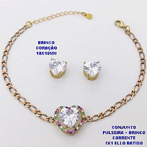 CONJUNTO NO BRUTO PRONTO PARA O BANHO() PULSEIRA 1X1 ELLO BATIDO LARGURA 3MM + BRINCO CORAÇÃO - CONECTOR COM CONECTOR EM ALTA FUSÃO CRAVEJADA ( "ZIRCONIA " 10X10MM" / PESO 6.8GR - BRU29242