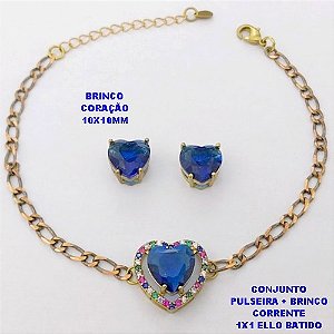 CONJUNTO NO BRUTO PRONTO PARA O BANHO() PULSEIRA 1X1 ELLO BATIDO LARGURA 3MM + BRINCO CORAÇÃO - CONECTOR COM CONECTOR EM ALTA FUSÃO CRAVEJADA ( "ZIRCONIA " 10X10MM" / PESO 6.8GR - BRU29243