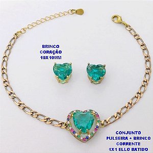 CONJUNTO NO BRUTO PRONTO PARA O BANHO() PULSEIRA 1X1 ELLO BATIDO LARGURA 3MM + BRINCO CORAÇÃO - CONECTOR COM CONECTOR EM ALTA FUSÃO CRAVEJADA ( "ZIRCONIA " 10X10MM" / PESO 6.8GR - BRU29244