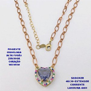 SHOCKER NO BRUTO PRONTO PARA O BANHO / CORRENTE 1X1 ELLO BATIDO /LARGURA 4MM /PINGENTE EM ALTA FUSÃO CRAVEJADO/ ZIRCONIA DE CORAÇÃO DE 10X10MM / PESO 6.8GR - BRU29246