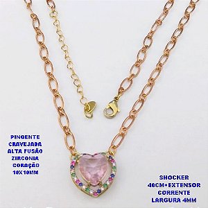 SHOCKER NO BRUTO PRONTO PARA O BANHO / CORRENTE 1X1 ELLO BATIDO /LARGURA 4MM /PINGENTE EM ALTA FUSÃO CRAVEJADO/ ZIRCONIA DE CORAÇÃO DE 10X10MM / PESO 6.8GR - BRU29247