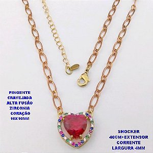 SHOCKER NO BRUTO PRONTO PARA O BANHO / CORRENTE 1X1 ELLO BATIDO /LARGURA 4MM /PINGENTE EM ALTA FUSÃO CRAVEJADO/ ZIRCONIA DE CORAÇÃO DE 10X10MM / PESO 6.8GR - BRU29248