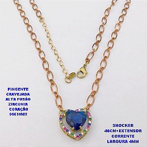 SHOCKER NO BRUTO PRONTO PARA O BANHO / CORRENTE 1X1 ELLO BATIDO /LARGURA 4MM /PINGENTE EM ALTA FUSÃO CRAVEJADO/ ZIRCONIA DE CORAÇÃO DE 10X10MM / PESO 6.8GR - BRU29249