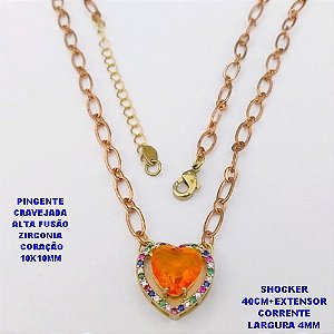 SHOCKER NO BRUTO PRONTO PARA O BANHO / CORRENTE 1X1 ELLO BATIDO /LARGURA 4MM /PINGENTE EM ALTA FUSÃO CRAVEJADO/ ZIRCONIA DE CORAÇÃO DE 10X10MM / PESO 6.8GR - BRU29250