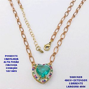 SHOCKER NO BRUTO PRONTO PARA O BANHO / CORRENTE 1X1 ELLO BATIDO /LARGURA 4MM /PINGENTE EM ALTA FUSÃO CRAVEJADO/ ZIRCONIA DE CORAÇÃO DE 10X10MM / PESO 6.8GR - BRU29252