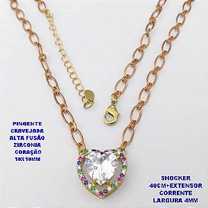SHOCKER NO BRUTO PRONTO PARA O BANHO / CORRENTE 1X1 ELLO BATIDO /LARGURA 4MM /PINGENTE EM ALTA FUSÃO CRAVEJADO/ ZIRCONIA DE CORAÇÃO DE 10X10MM / PESO 6.8GR - BRU29253