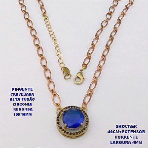 SHOCKER NO BRUTO PRONTO PARA O BANHO / CORRENTE 1X1 ELLO BATIDO /LARGURA 4MM /PINGENTE EM ALTA FUSÃO CRAVEJADO/ ZIRCONIA DE REDONDA DE 10X10MM / PESO 6.8GR - BRU29254