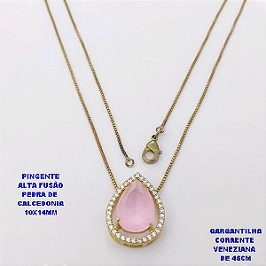 GARGANTILHA NO BRUTO PRONTO PARA O BANHO(POTE )COM CORRENTE VENEZIANA DE 45CM / PINGENTE COM PEDRA DE " CALCEDONIA " COM BASE EM ALTA FUSÃO " 10X14MM " / PESO 3.9GR - BRU29255