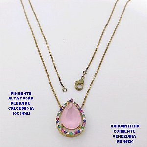 GARGANTILHA NO BRUTO PRONTO PARA O BANHO(POTE )COM CORRENTE VENEZIANA DE 45CM / PINGENTE COM PEDRA DE " CALCEDONIA " COM BASE EM ALTA FUSÃO " 10X14MM " / PESO 3.9GR - BRU29256