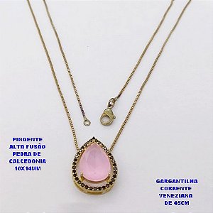 GARGANTILHA NO BRUTO PRONTO PARA O BANHO(POTE )COM CORRENTE VENEZIANA DE 45CM / PINGENTE COM PEDRA DE " CALCEDONIA " COM BASE EM ALTA FUSÃO " 10X14MM " / PESO 3.9GR - BRU29257