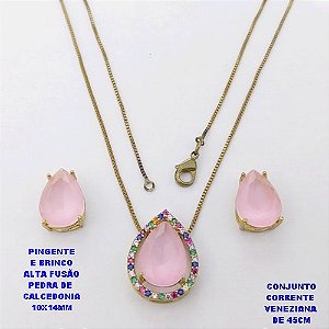 CONJUNTO NO BRUTO PRONTO PARA O BANHO(POTE) CONJUNTO COM CORRENTE VENEZIANA DE 45CM / BRINCO E PINGENTE COM BASE EM ALTA FUSÃO( " PEDRA DE CALCEDONIA ")" 10X14MM" / PESO 7.2GR - BRU29260