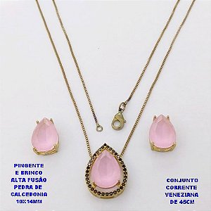 CONJUNTO NO BRUTO PRONTO PARA O BANHO(POTE) CONJUNTO COM CORRENTE VENEZIANA DE 45CM / BRINCO E PINGENTE COM BASE EM ALTA FUSÃO( " PEDRA DE CALCEDONIA ")" 10X14MM" / PESO 7.2GR - BRU29261