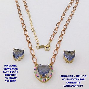 CONJUNTO NO BRUTO PRONTO PARA O BANHO / CONJUNTO SHOCKER E BRINCO COM CORRENTE 1X1 ELLO BATIDO 4MM /BRINCO E PINGENTE EM ALTA FUSÃO / ZIRCONIA 10X10MM - / PESO 9.8GR - BRU29265