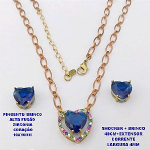 CONJUNTO NO BRUTO PRONTO PARA O BANHO / CONJUNTO SHOCKER E BRINCO COM CORRENTE 1X1 ELLO BATIDO 4MM /BRINCO E PINGENTE EM ALTA FUSÃO / ZIRCONIA 10X10MM - / PESO 9.8GR - BRU29269