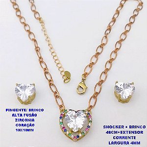 CONJUNTO NO BRUTO PRONTO PARA O BANHO / CONJUNTO SHOCKER E BRINCO COM CORRENTE 1X1 ELLO BATIDO 4MM /BRINCO E PINGENTE EM ALTA FUSÃO / ZIRCONIA 10X10MM - / PESO 9.8GR - BRU29273