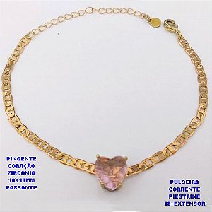 PULSEIRA NO BRUTO PRONTO PARA O BANHO(CX194) PULSEIRA COM CORRENTE PIESTRINE 3,5MM / PINGENTE PASSANTE EM ALTA FUSÃO CORAÇÃO/TAMANHO 18CM+EXTENSOR / ZIRCONIA 10X10MM - / PESO 3.8GR - BRU29274