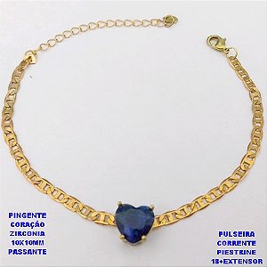 PULSEIRA NO BRUTO PRONTO PARA O BANHO(CX194) PULSEIRA COM CORRENTE PIESTRINE 3,5MM / PINGENTE PASSANTE EM ALTA FUSÃO CORAÇÃO/TAMANHO 18CM+EXTENSOR / ZIRCONIA 10X10MM - / PESO 3.8GR - BRU29277