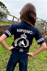 Camisa Hipismo Kids Manga Curta Preto Silk Branco Horse SA