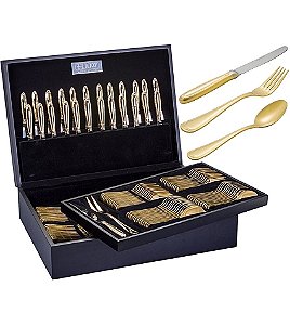 Faqueiro Dourado 130 Pecas Aco Inox Croise Com Estojo de Madeira
