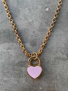 Colar Correntinha com Pingente Coração Rosa