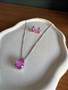 Conjunto Colar e Brinco Pedra Gota Fúcsia