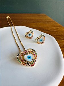 Conjunto Colar e Brinco Coração com Olho Grego