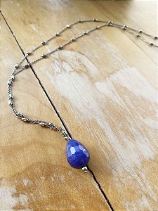 Colar Prateado com Pingente de Pedra Natural Azul
