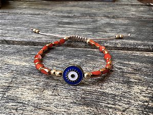 Pulseira Cristais Facetados Laranja com Olho Grego