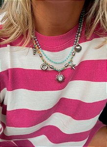 Colar Cordão Verde com Pingentes Mar Prateados